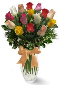 15 adet vazoda renkli gül  Karaman uluslararası çiçek gönderme 
