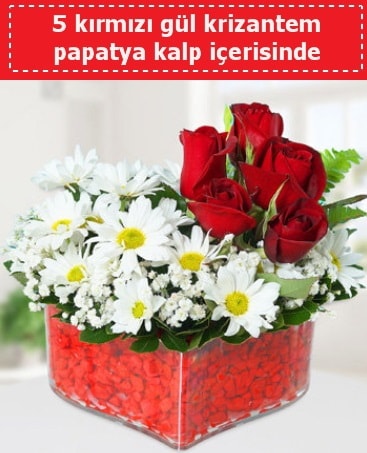 mika kalp içerisinde 5 kırmızı gül papatya  Karaman çiçek siparişi sitesi 
